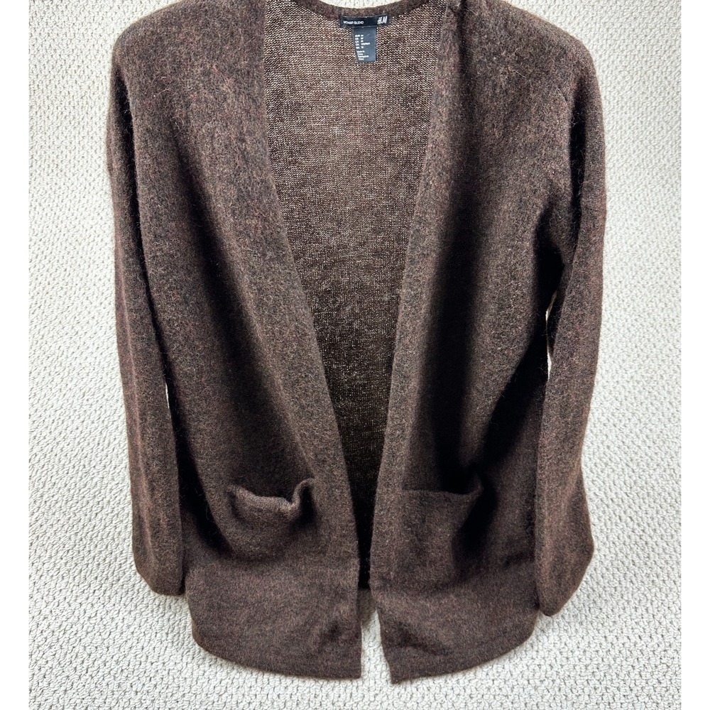 H&M Sweater Womens Medium Brown Mohair Wool Blend Long Open Front Cardigan
